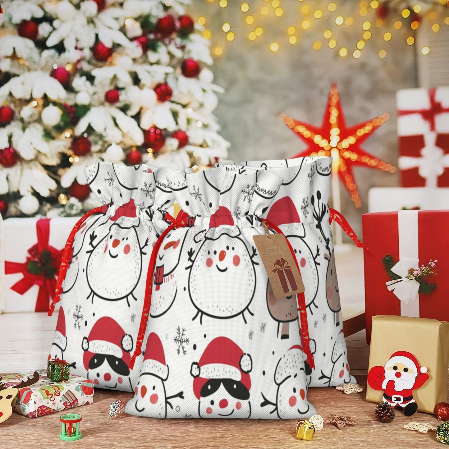 Christmas Snowman Cartoon Gift Bag – Festive Drawstring Gift Sack (Available in Multiple Sizes)