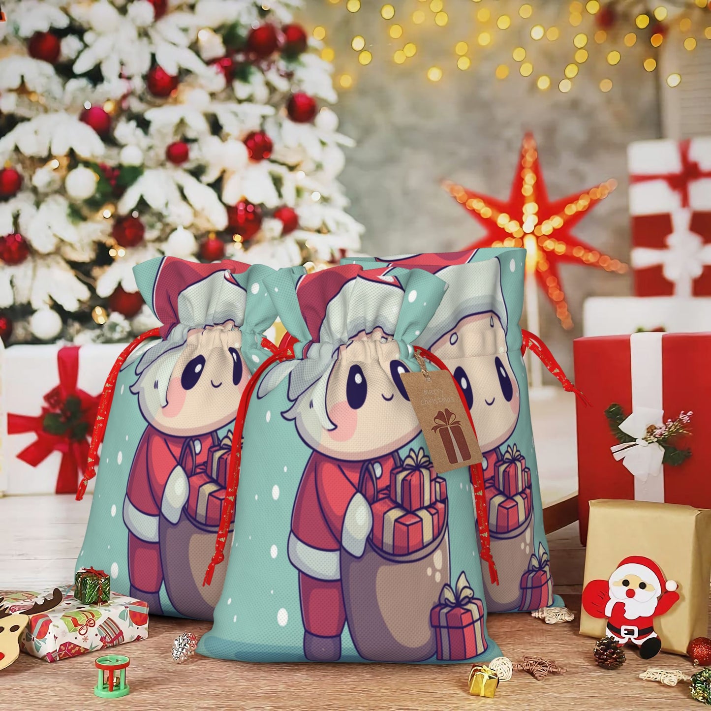 Cute Santa Claus Cartoon Gift Bag – Festive Drawstring Gift Sack (Available in Multiple Sizes)