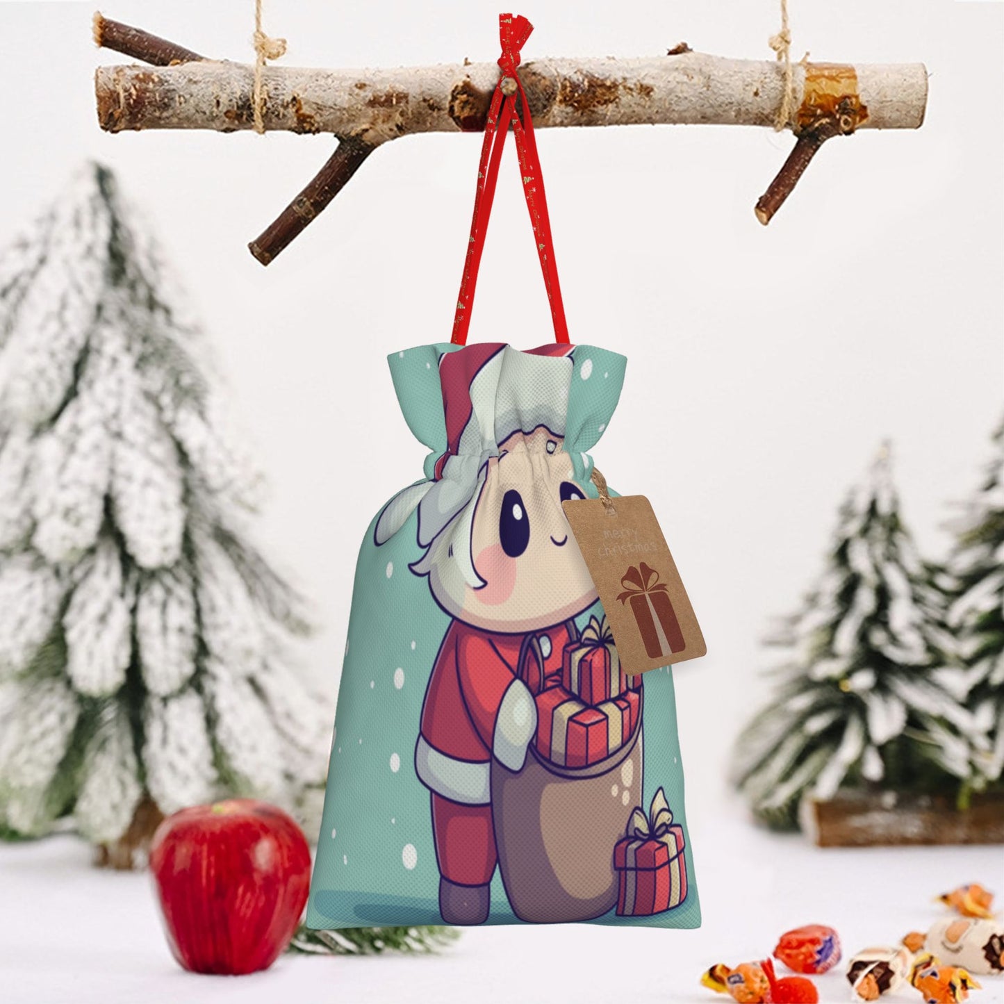 Cute Santa Claus Cartoon Gift Bag – Festive Drawstring Gift Sack (Available in Multiple Sizes)