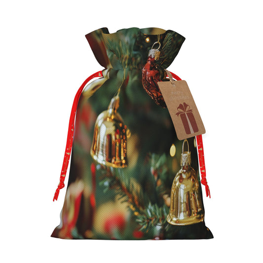 Christmas Gold Bells and Red Ornaments Gift Bag – Festive Drawstring Gift Sack (Available in Multiple Sizes)