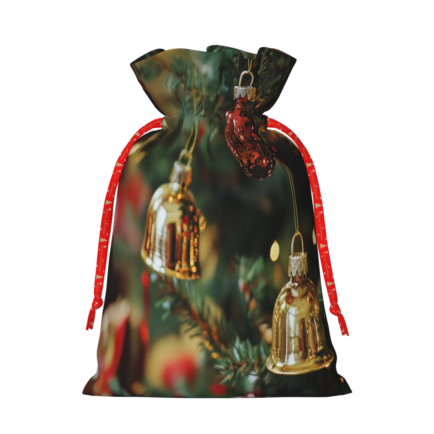 Christmas Gold Bells and Red Ornaments Gift Bag – Festive Drawstring Gift Sack (Available in Multiple Sizes)