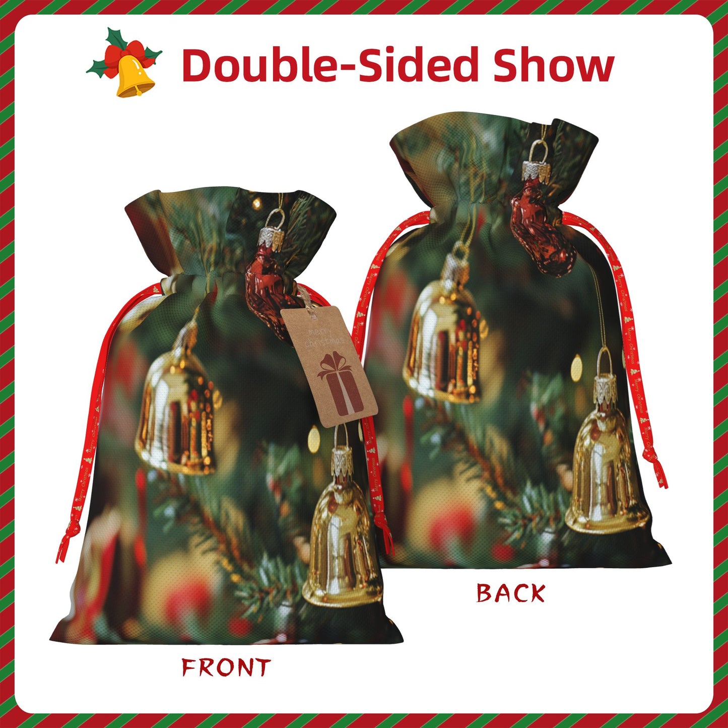 Christmas Gold Bells and Red Ornaments Gift Bag – Festive Drawstring Gift Sack (Available in Multiple Sizes)