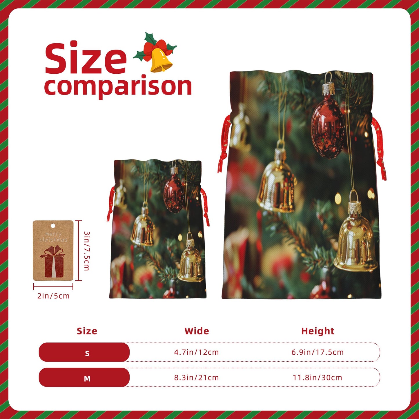 Christmas Gold Bells and Red Ornaments Gift Bag – Festive Drawstring Gift Sack (Available in Multiple Sizes)