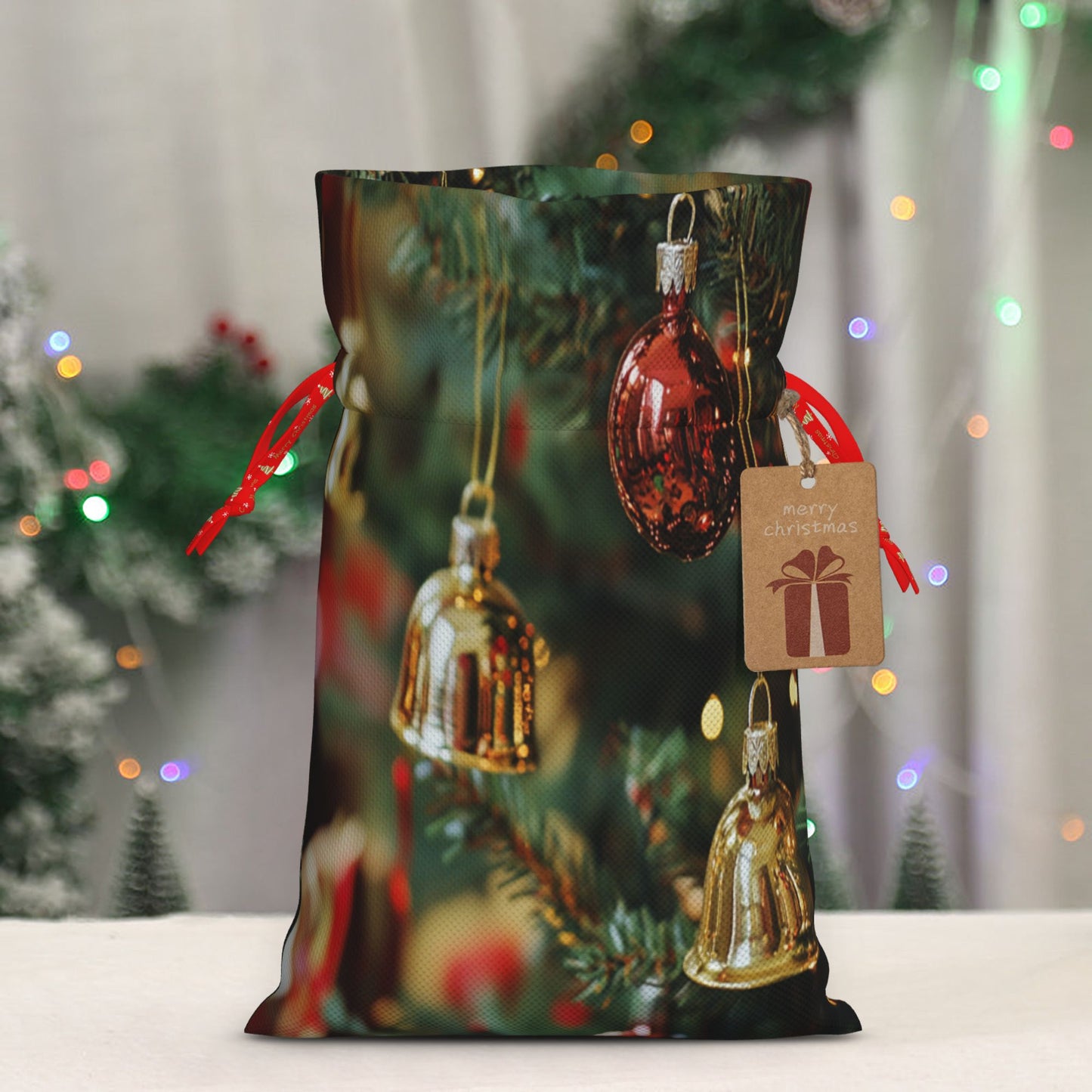 Christmas Gold Bells and Red Ornaments Gift Bag – Festive Drawstring Gift Sack (Available in Multiple Sizes)