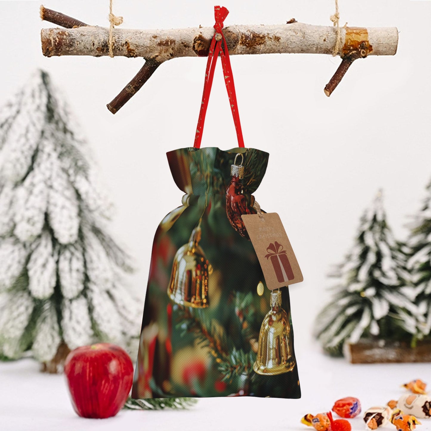 Christmas Gold Bells and Red Ornaments Gift Bag – Festive Drawstring Gift Sack (Available in Multiple Sizes)