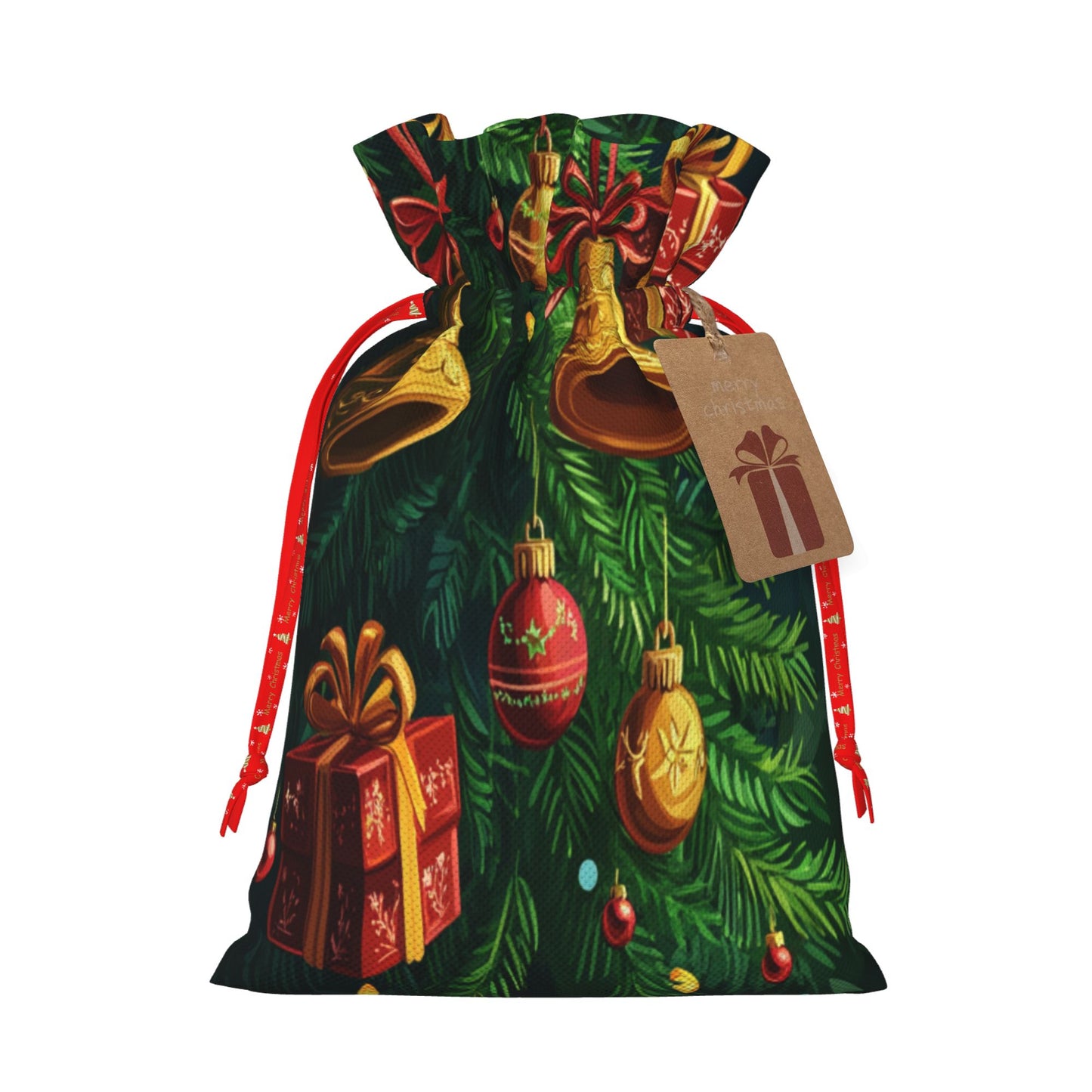 Christmas Gold Bells and Gift Decorations Gift Bag – Festive Drawstring Gift Sack (Available in Multiple Sizes)