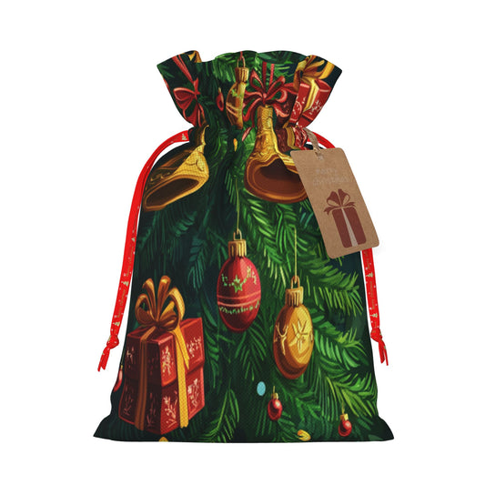 Christmas Gold Bells and Gift Decorations Gift Bag – Festive Drawstring Gift Sack (Available in Multiple Sizes)