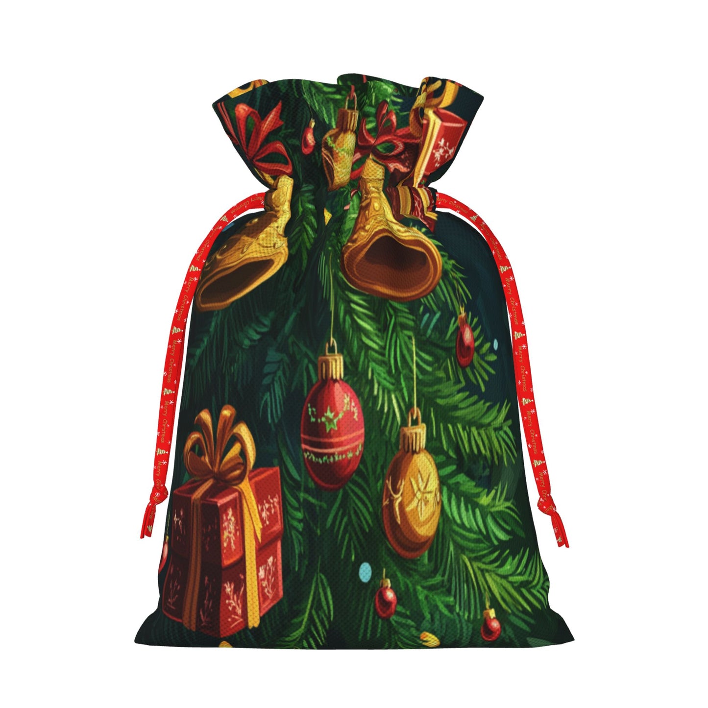 Christmas Gold Bells and Gift Decorations Gift Bag – Festive Drawstring Gift Sack (Available in Multiple Sizes)