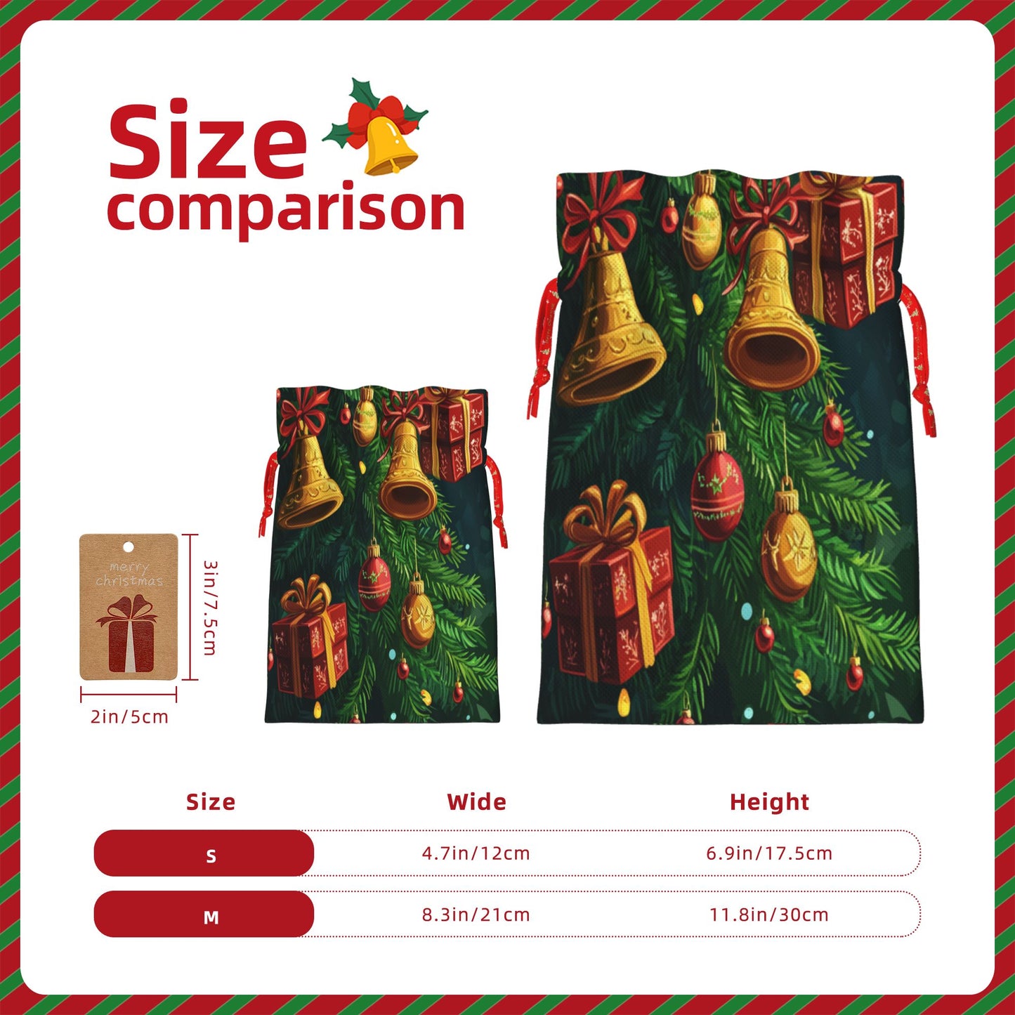 Christmas Gold Bells and Gift Decorations Gift Bag – Festive Drawstring Gift Sack (Available in Multiple Sizes)