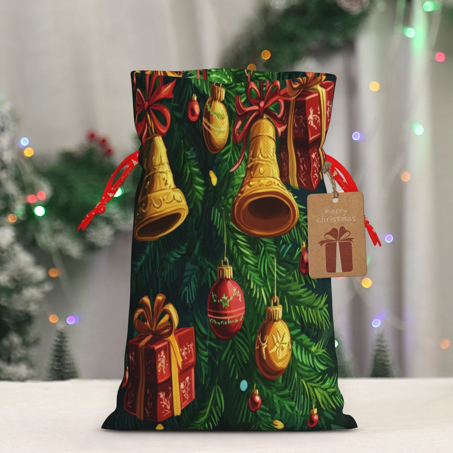 Christmas Gold Bells and Gift Decorations Gift Bag – Festive Drawstring Gift Sack (Available in Multiple Sizes)