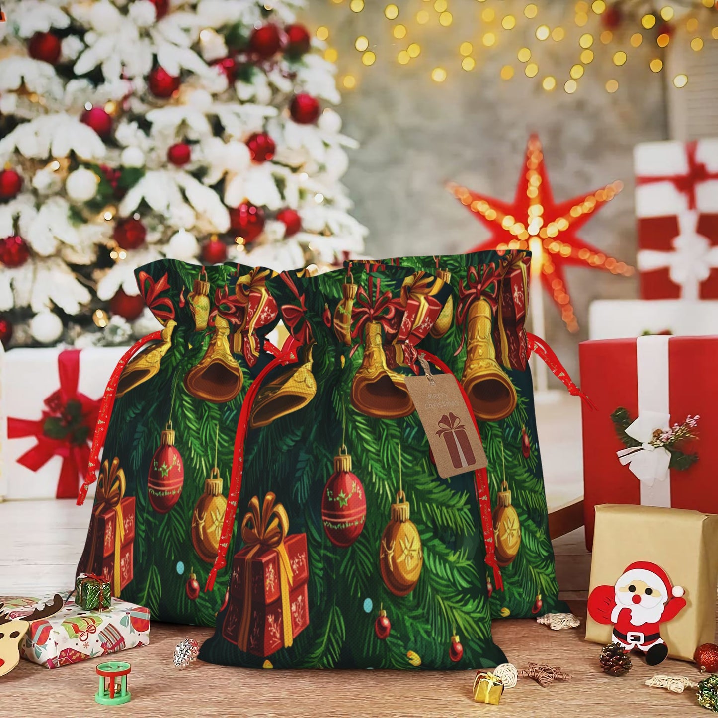 Christmas Gold Bells and Gift Decorations Gift Bag – Festive Drawstring Gift Sack (Available in Multiple Sizes)