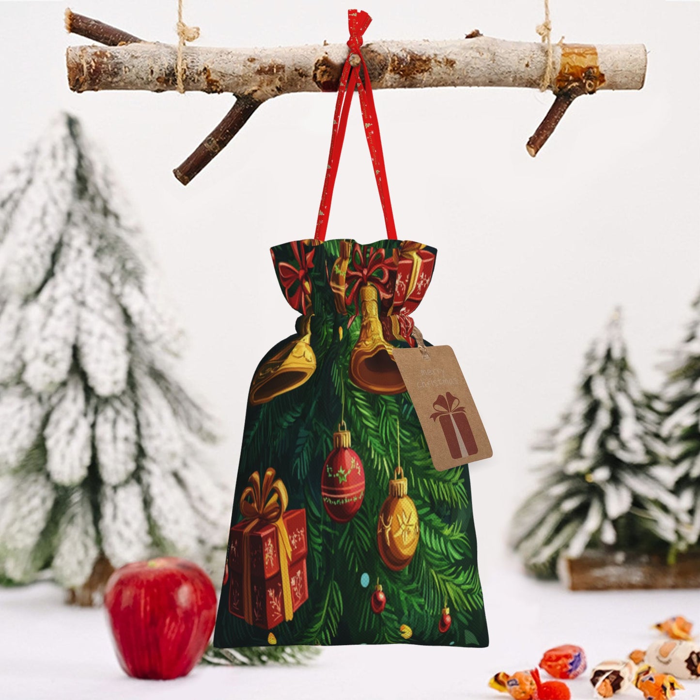 Christmas Gold Bells and Gift Decorations Gift Bag – Festive Drawstring Gift Sack (Available in Multiple Sizes)