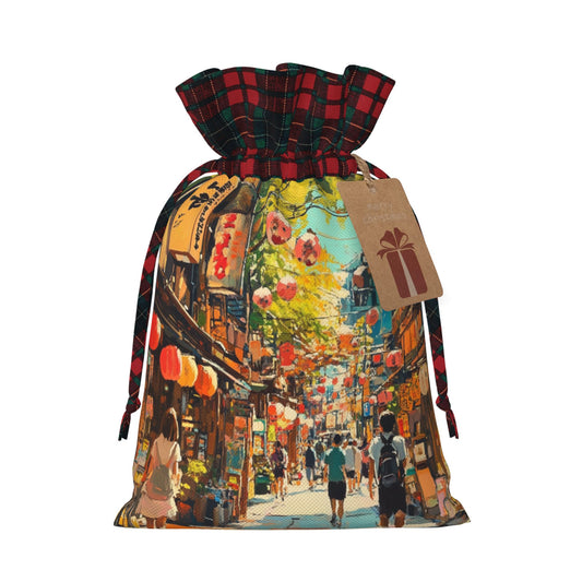 Vintage Street Scene Christmas Gift Bag – Festive Drawstring Decoration Bag (Multiple Sizes)