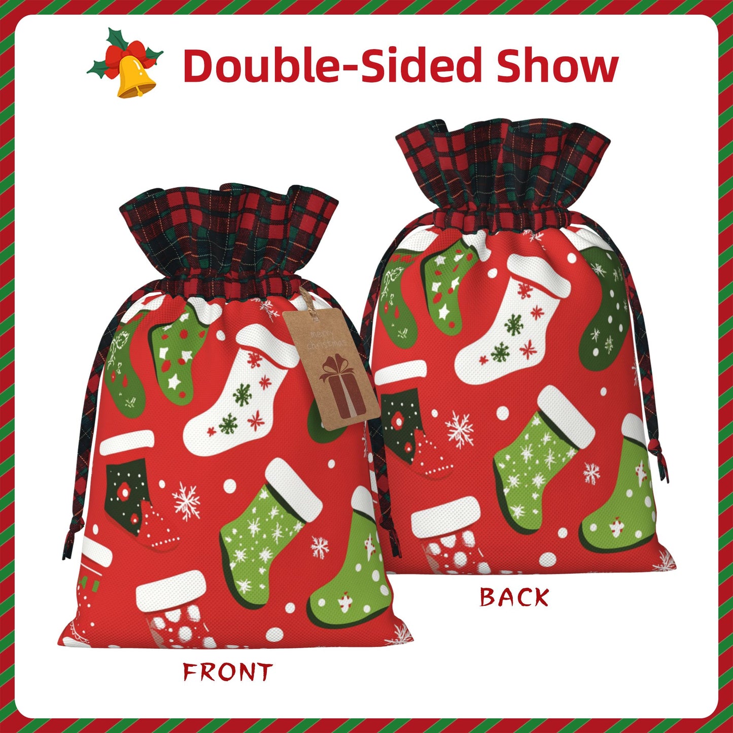 Christmas Stocking Pattern Gift Bag – Festive Drawstring Packaging Bag (Multiple Sizes)