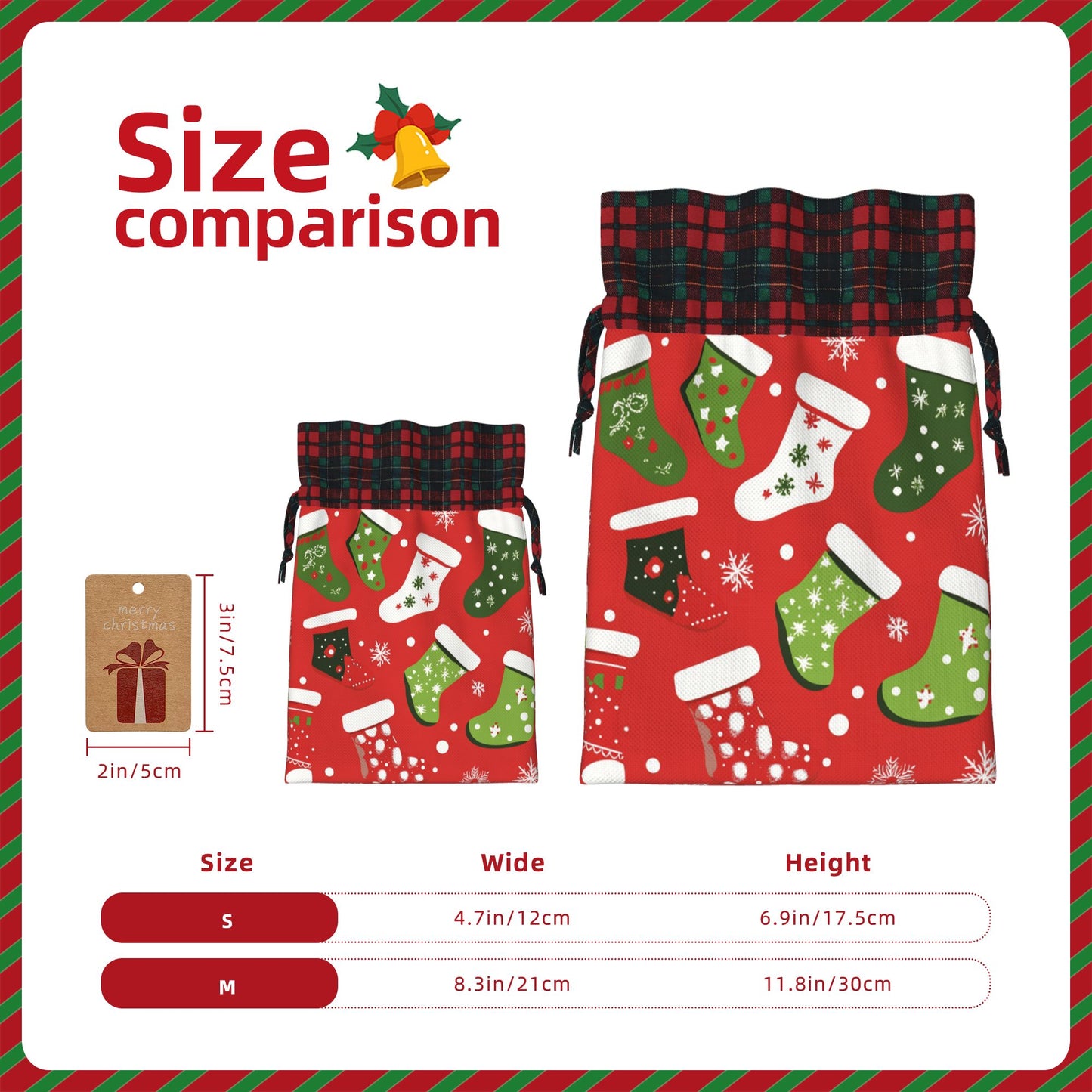 Christmas Stocking Pattern Gift Bag – Festive Drawstring Packaging Bag (Multiple Sizes)