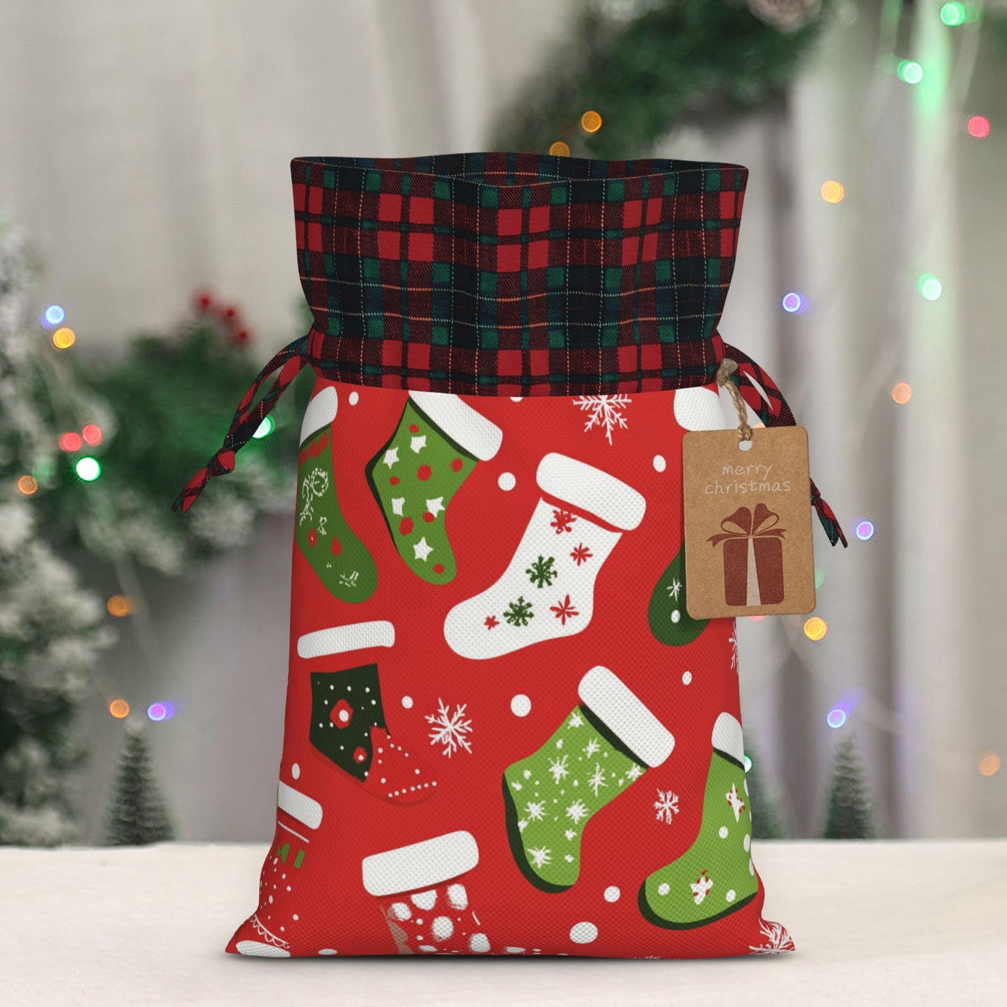 Christmas Stocking Pattern Gift Bag – Festive Drawstring Packaging Bag (Multiple Sizes)