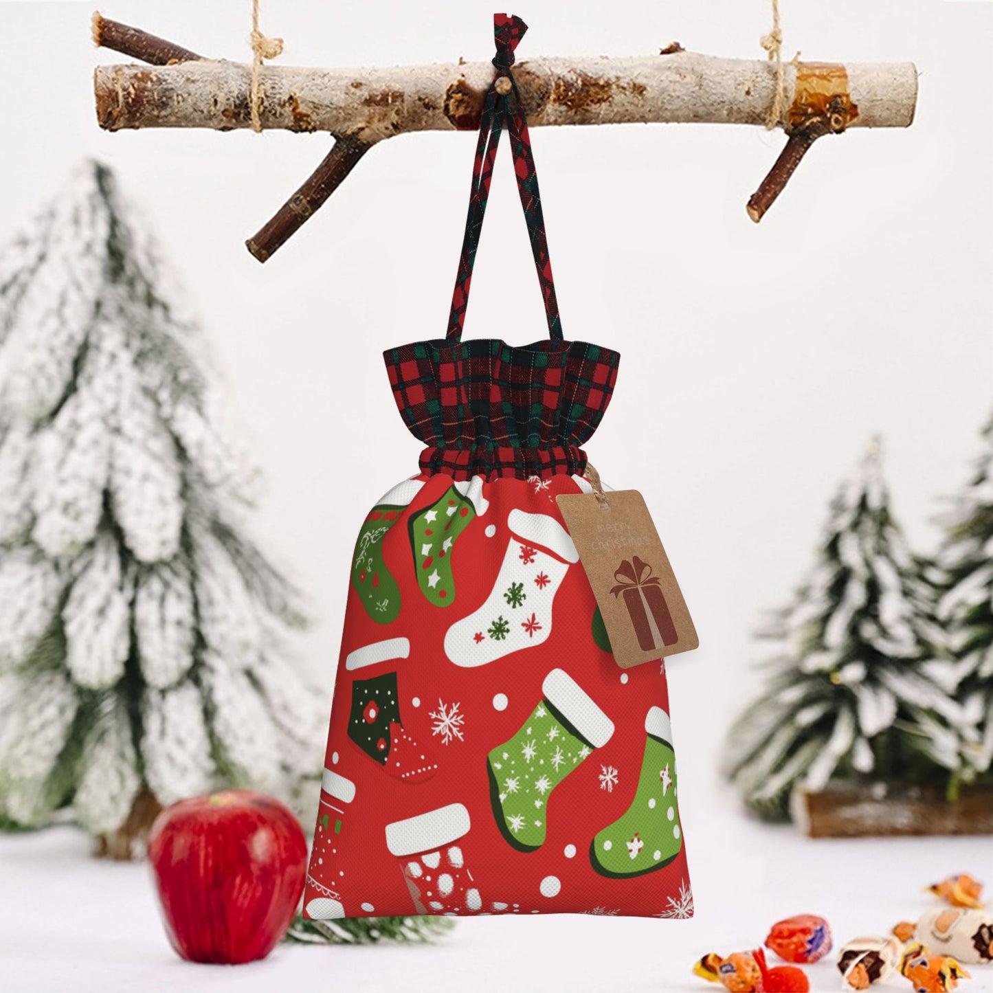 Christmas Stocking Pattern Gift Bag – Festive Drawstring Packaging Bag (Multiple Sizes)