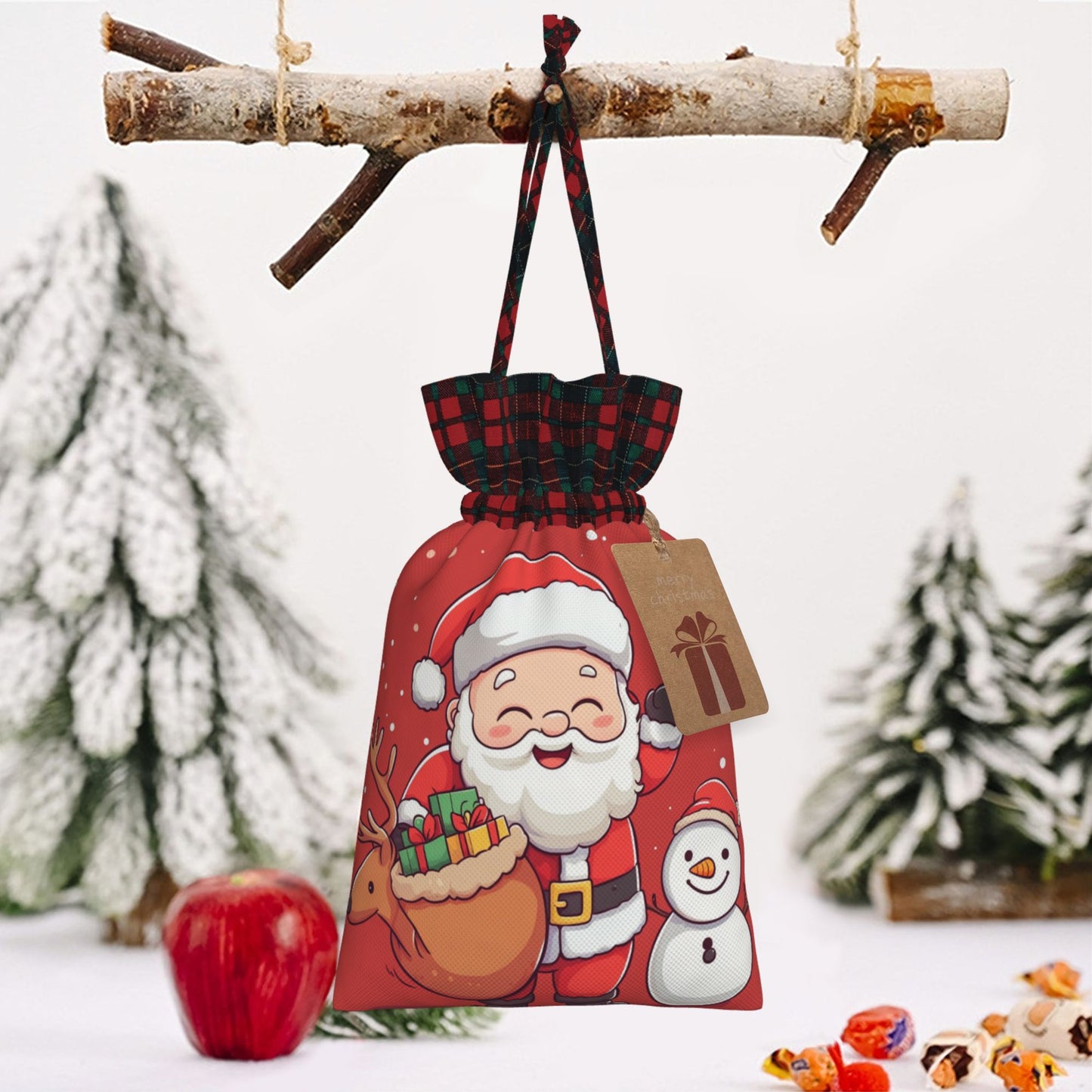 Christmas Burlap Drawstring Gift Bags - Cute Santa Claus Design, Holiday Gift Wrap Bags