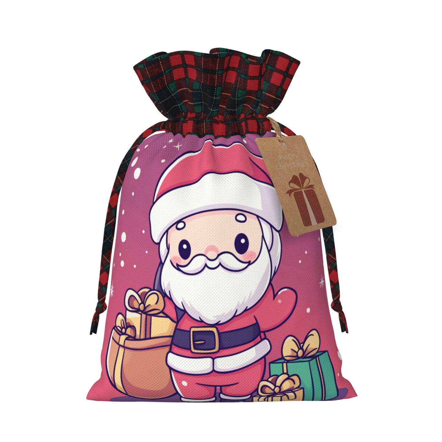 Christmas Pink Burlap Drawstring Gift Bags - Adorable Santa Claus Design, Holiday Gift Wrapping Bag