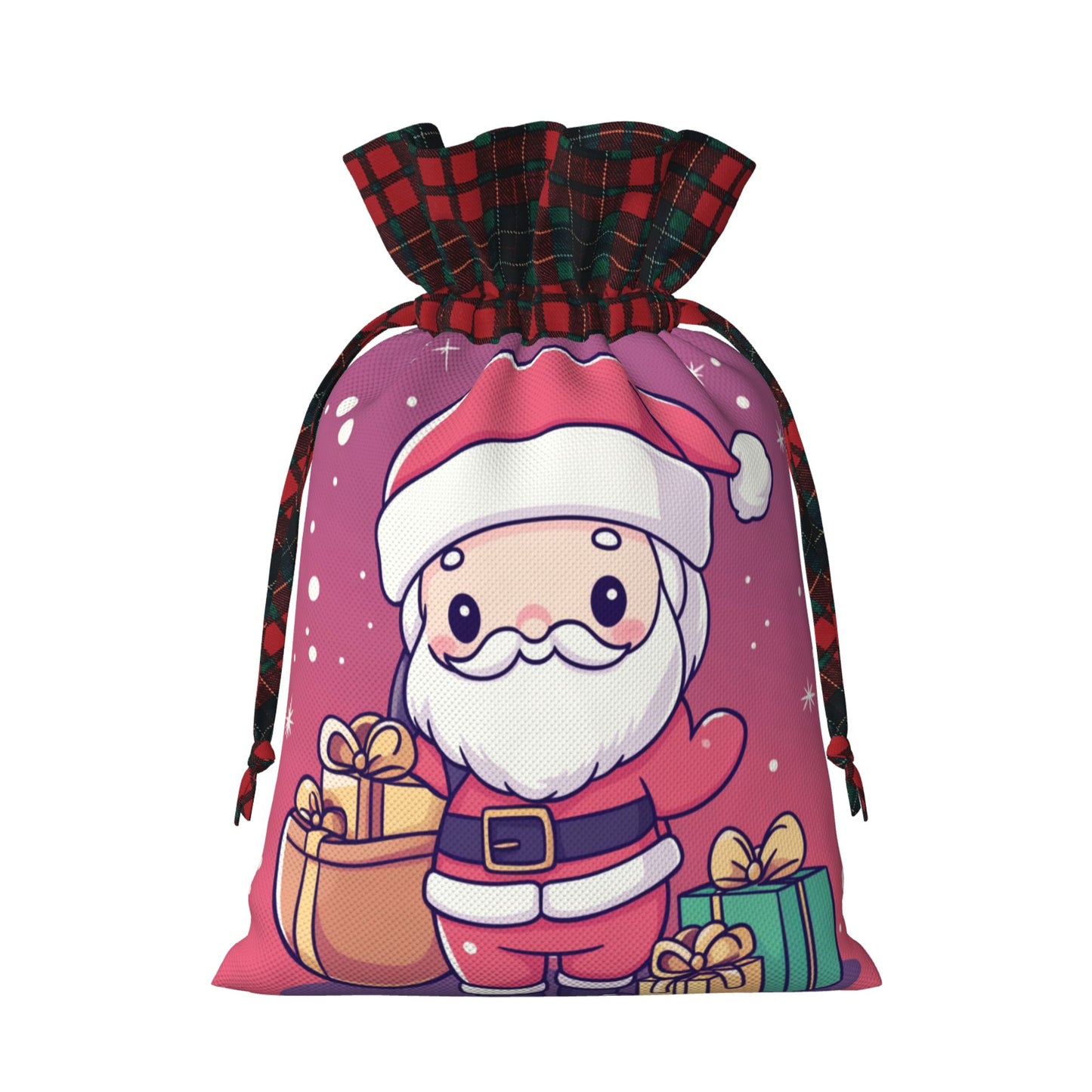 Christmas Pink Burlap Drawstring Gift Bags - Adorable Santa Claus Design, Holiday Gift Wrapping Bag