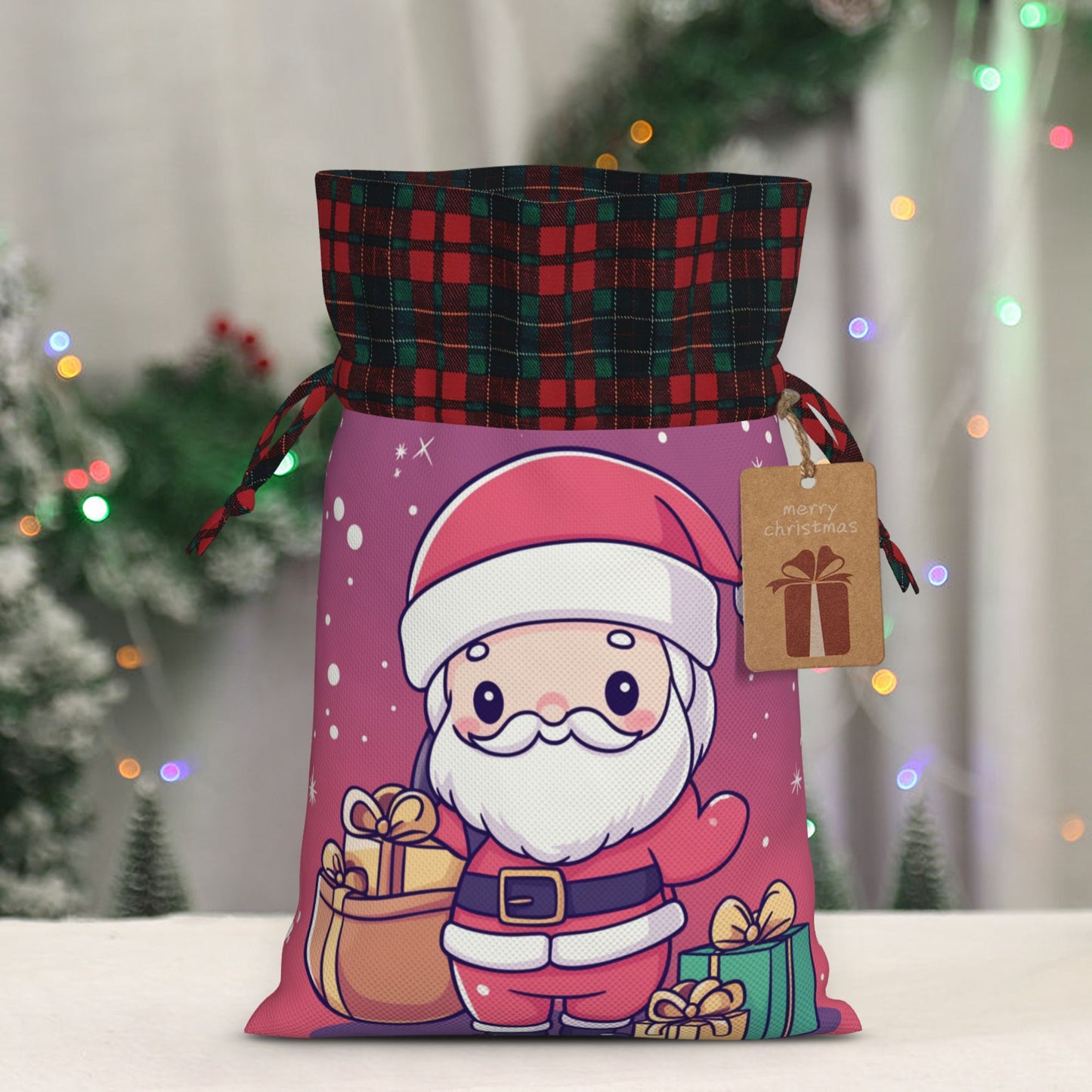 Christmas Pink Burlap Drawstring Gift Bags - Adorable Santa Claus Design, Holiday Gift Wrapping Bag