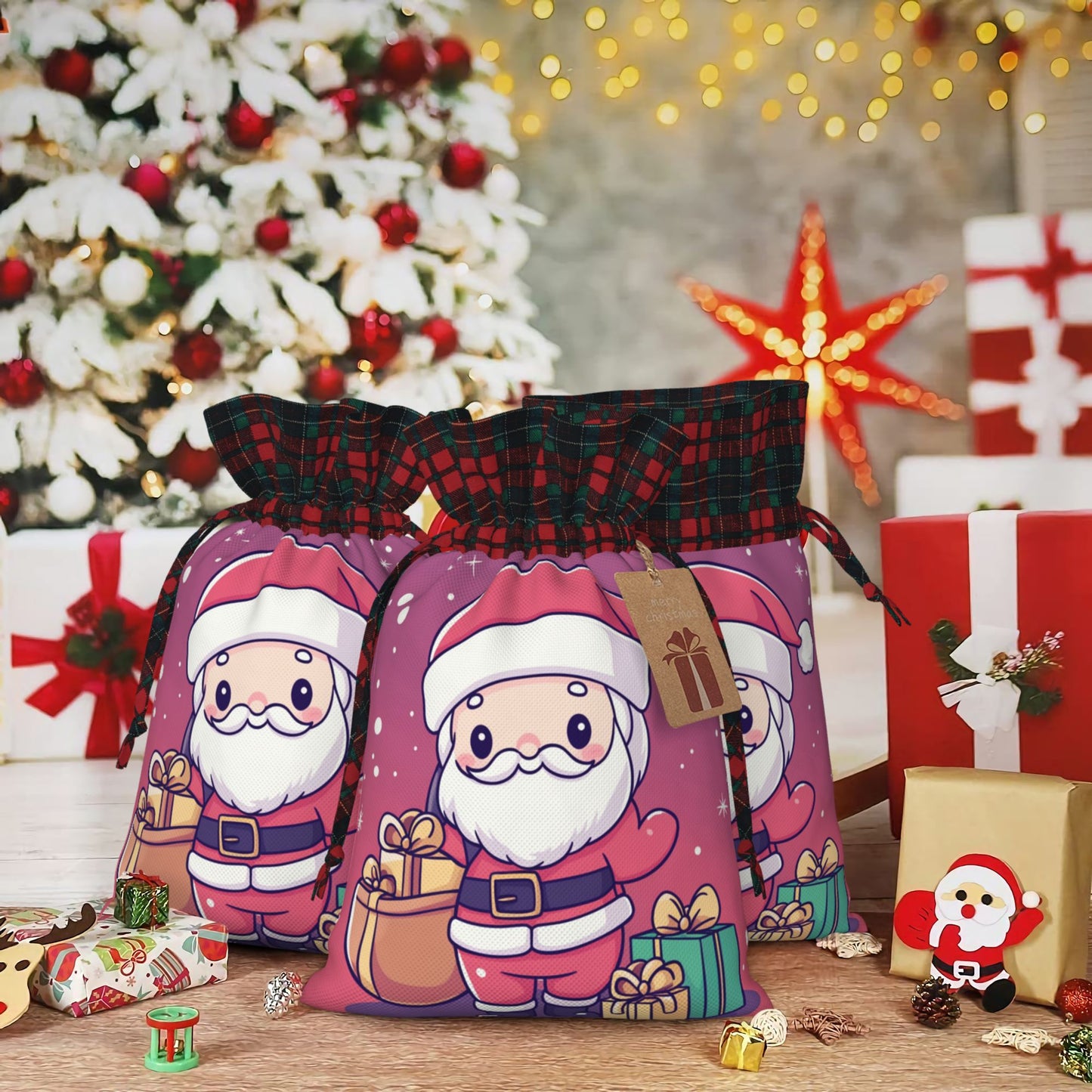 Christmas Pink Burlap Drawstring Gift Bags - Adorable Santa Claus Design, Holiday Gift Wrapping Bag