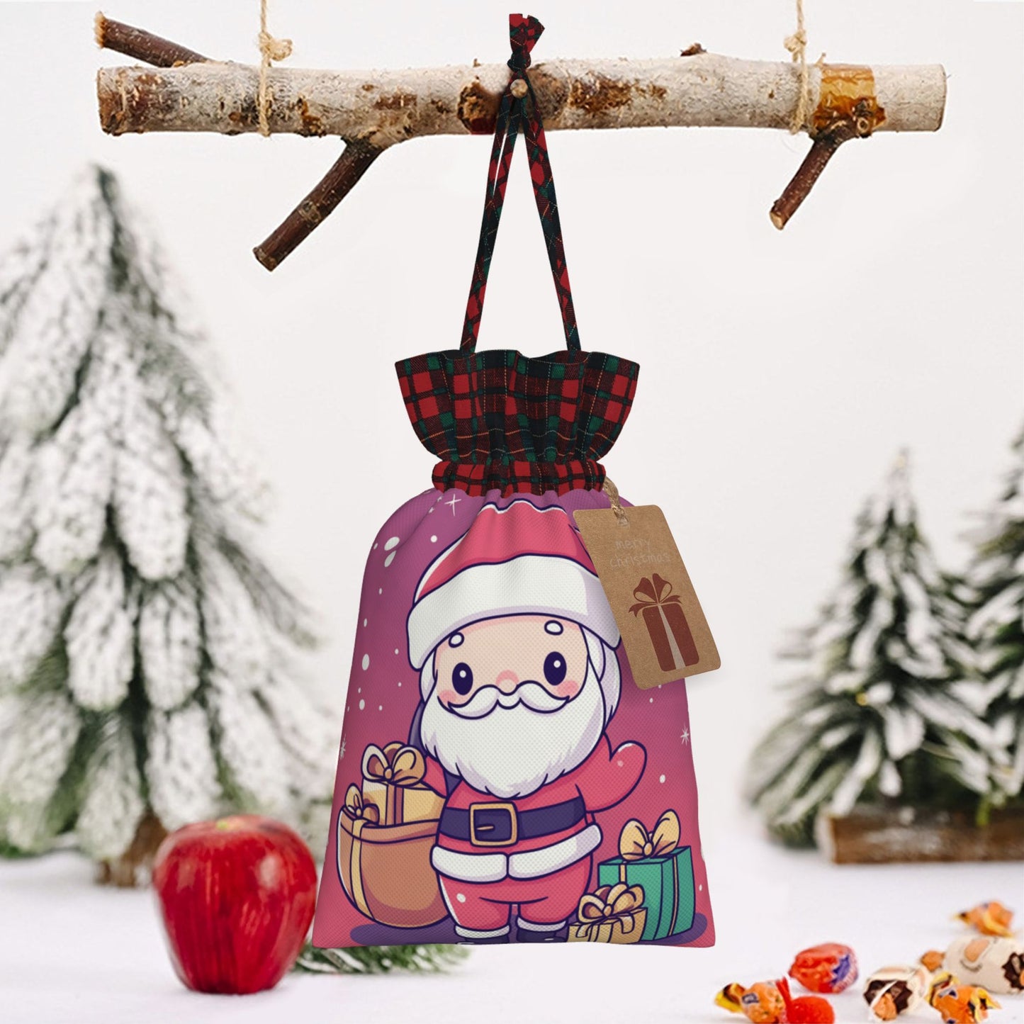 Christmas Pink Burlap Drawstring Gift Bags - Adorable Santa Claus Design, Holiday Gift Wrapping Bag