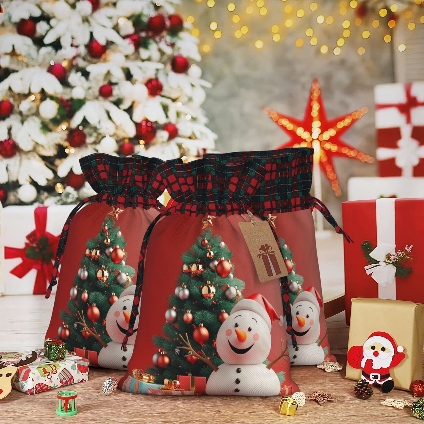 Christmas Snowman Themed Burlap Drawstring Gift Bags - Festive Decoration & Gift Wrapping Bag