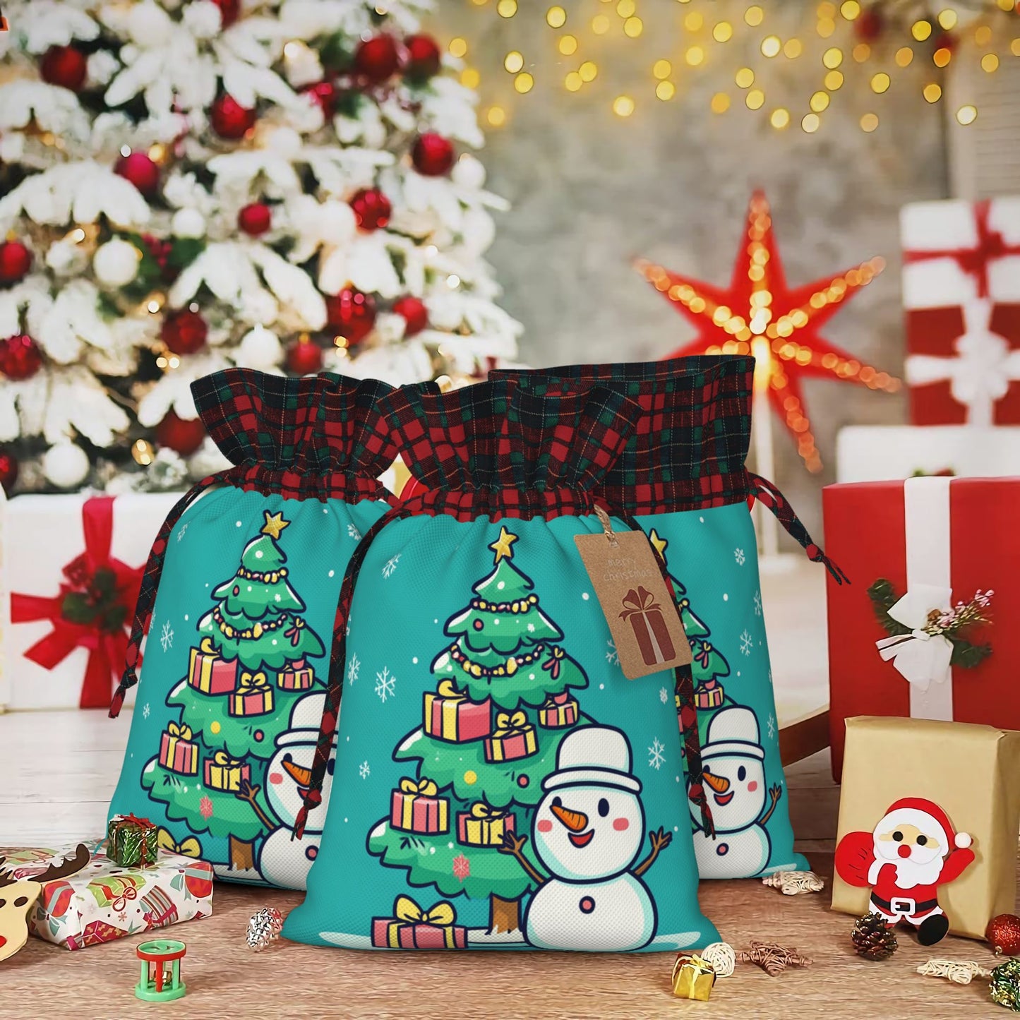 Christmas Snowman & Christmas Tree Burlap Drawstring Gift Bags - Adorable Holiday Wrapping Bags