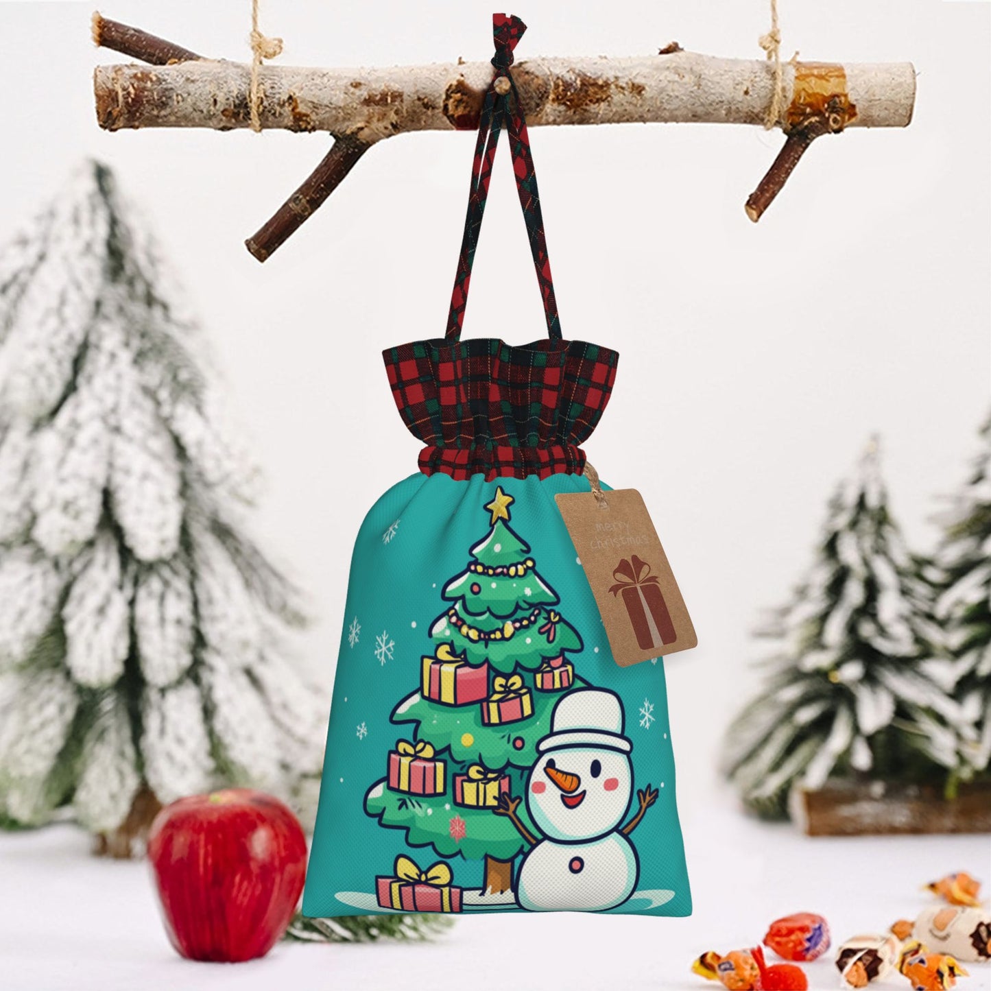 Christmas Snowman & Christmas Tree Burlap Drawstring Gift Bags - Adorable Holiday Wrapping Bags