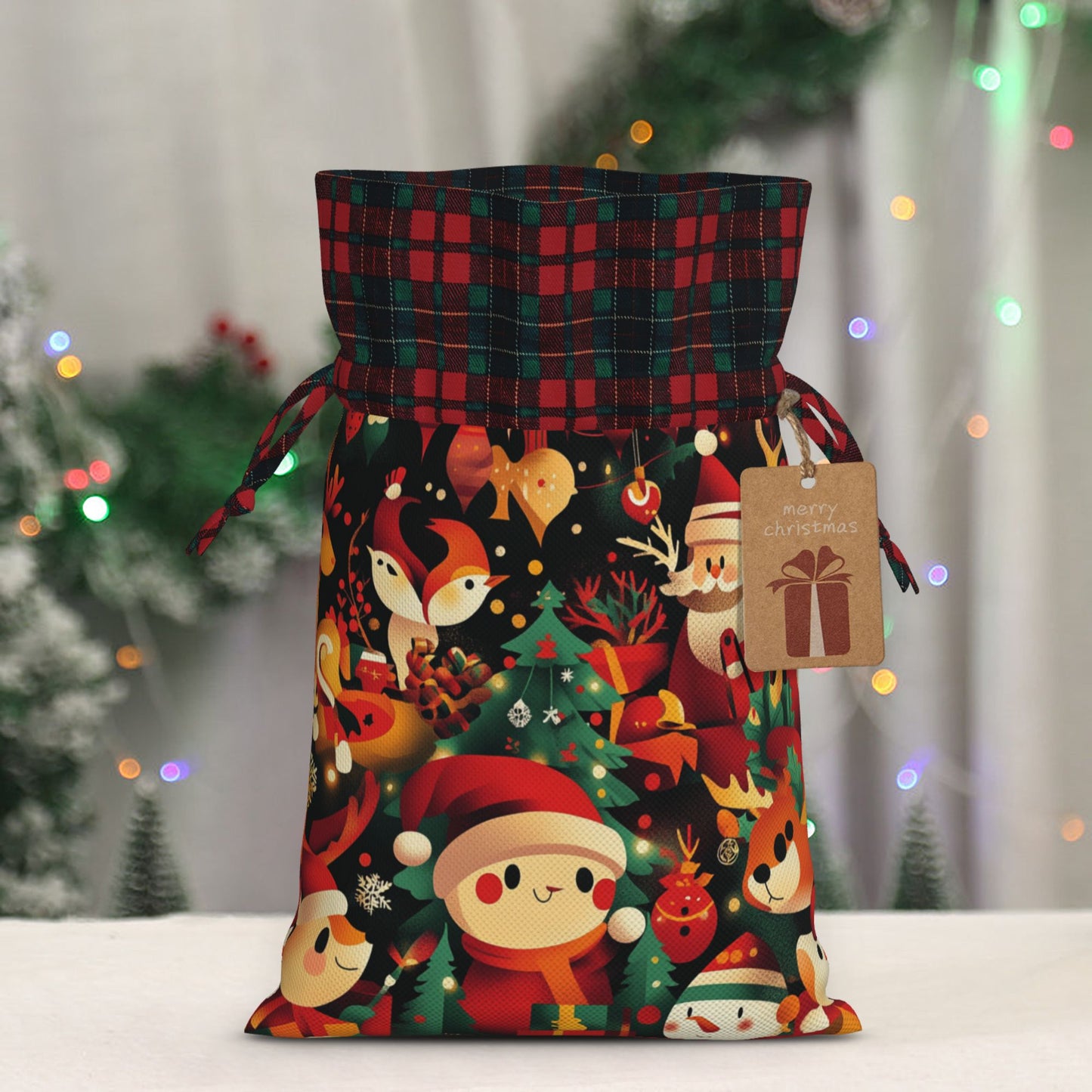 Christmas Animal Theme Burlap Drawstring Gift Bags - Festive Wrapping Pouches