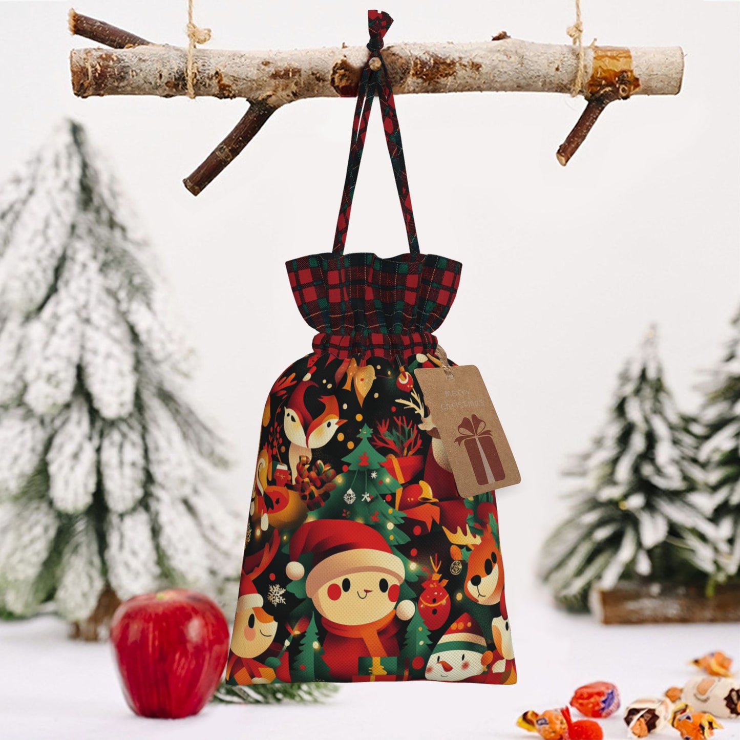 Christmas Animal Theme Burlap Drawstring Gift Bags - Festive Wrapping Pouches