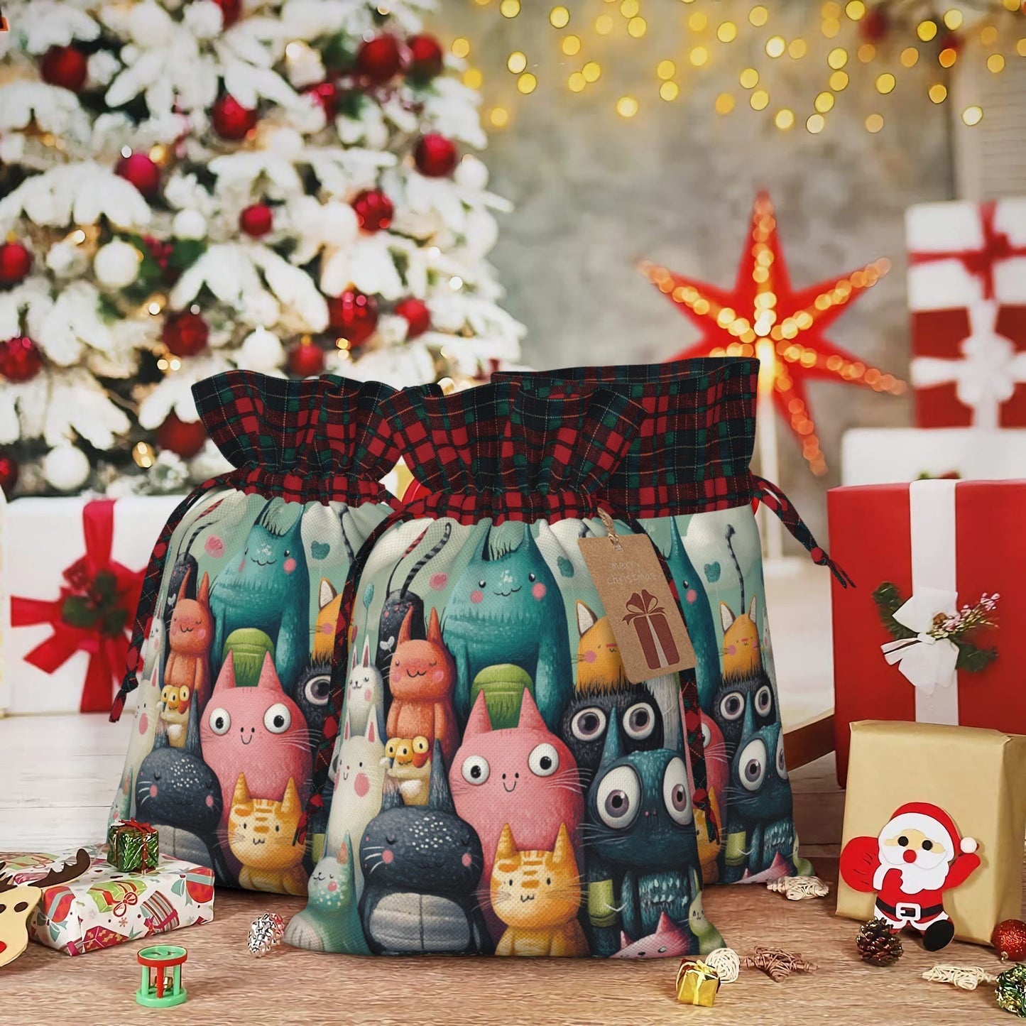 Fun Monster-Themed Burlap Drawstring Gift Bags - Creative Kids' Holiday Gift Pouches